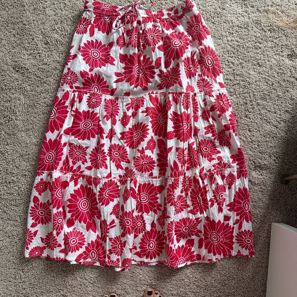Uniti Casual Red and White Tiered Midi Skirt boho